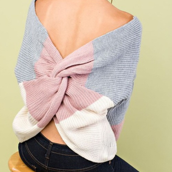 Sweaters - Open Back Twisted Knot Grey Color Block Sweater